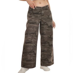 Refrain Women Luxe Denim Camo Printed Wide Leg Pants Size 13/31